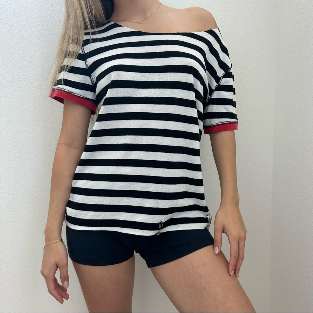 Punk Safety Pins Black & White Stripe Off the Shoulder T-shirt